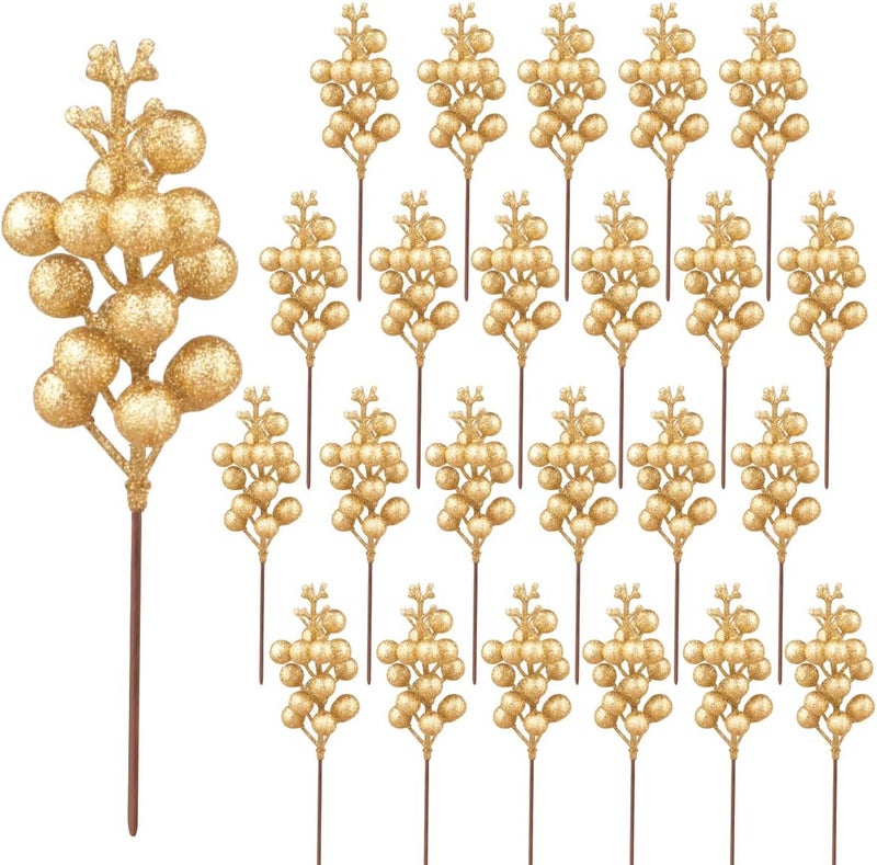 Meching 24 Pack Glitter Gold Berry Stems,7.5 Inch Christmas Sparking Gold Faux Winter Berry Sprigs,Artificial Berries Branches for Christmas Tree Garland Wreath Crafts Season Winter Home Decor - Image 1